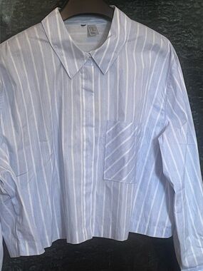 H&M Cropped Light Blue and White Stripe Cotton Button-Down Shirt